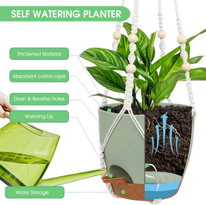 Vanslogreen Hanging Planters for Indoor Outdoor Plants, 2 Pack Self Watering Hanging Pot with Drainage Holes & Removable Tray (Black, 8'')