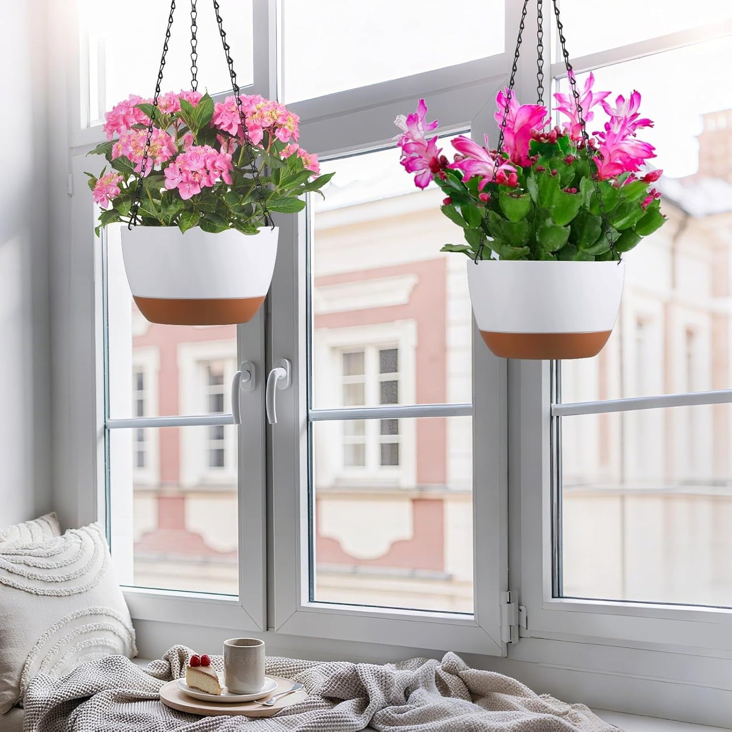 Set of 2 Hanging Planters for Indoor Outdoor Plants, 8 Inch Self-Watering Hanging Flower Pots with Drainage Hole & Removable Water-Storage Tray (Hooks)