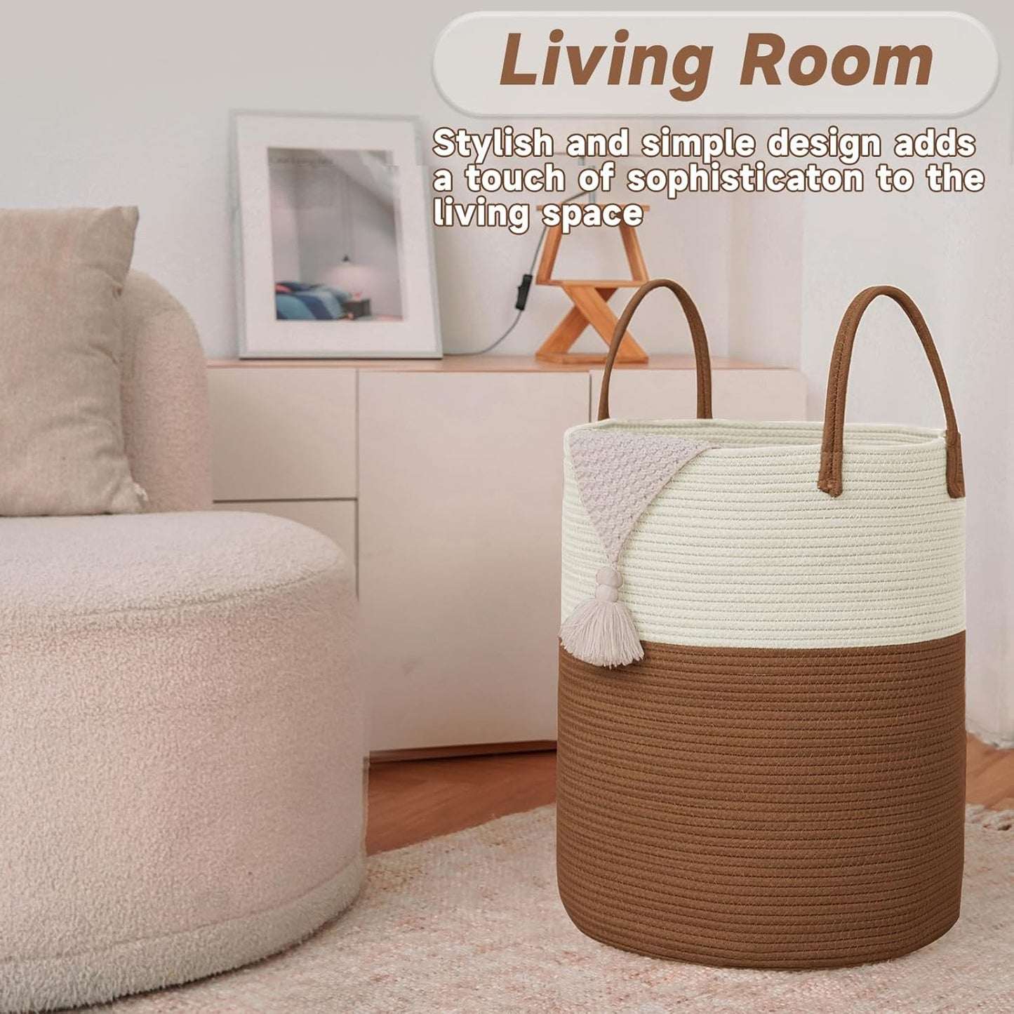 JMvicyroam Large Woven Laundry Basket Hamper,60L Cotton Rope Storage Bin for Blankets,Toys and Clothes,Decorative Tall Nursery Hamper for Living Room,Baby Nursery,Bathroom and Bedroom,Brown