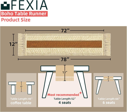 FEXIA Boho Table Runner for Thanksgiving Fall Christmas Home Decor with Tassels 72 Inches Long Pottery barn Furniture Farmhouse Rustic Macrame Burlap Table Decoration for Living Room (12x72 Inches)