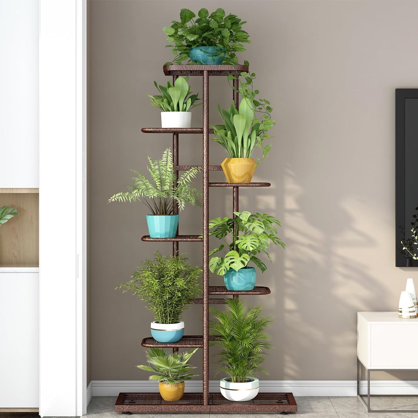 LINZINAR Plant Stand Indoor Outdoor Corner 4 Tier Metal Plant Shelf Patio Plant Rack for Garden Corner Balcony Living Room
