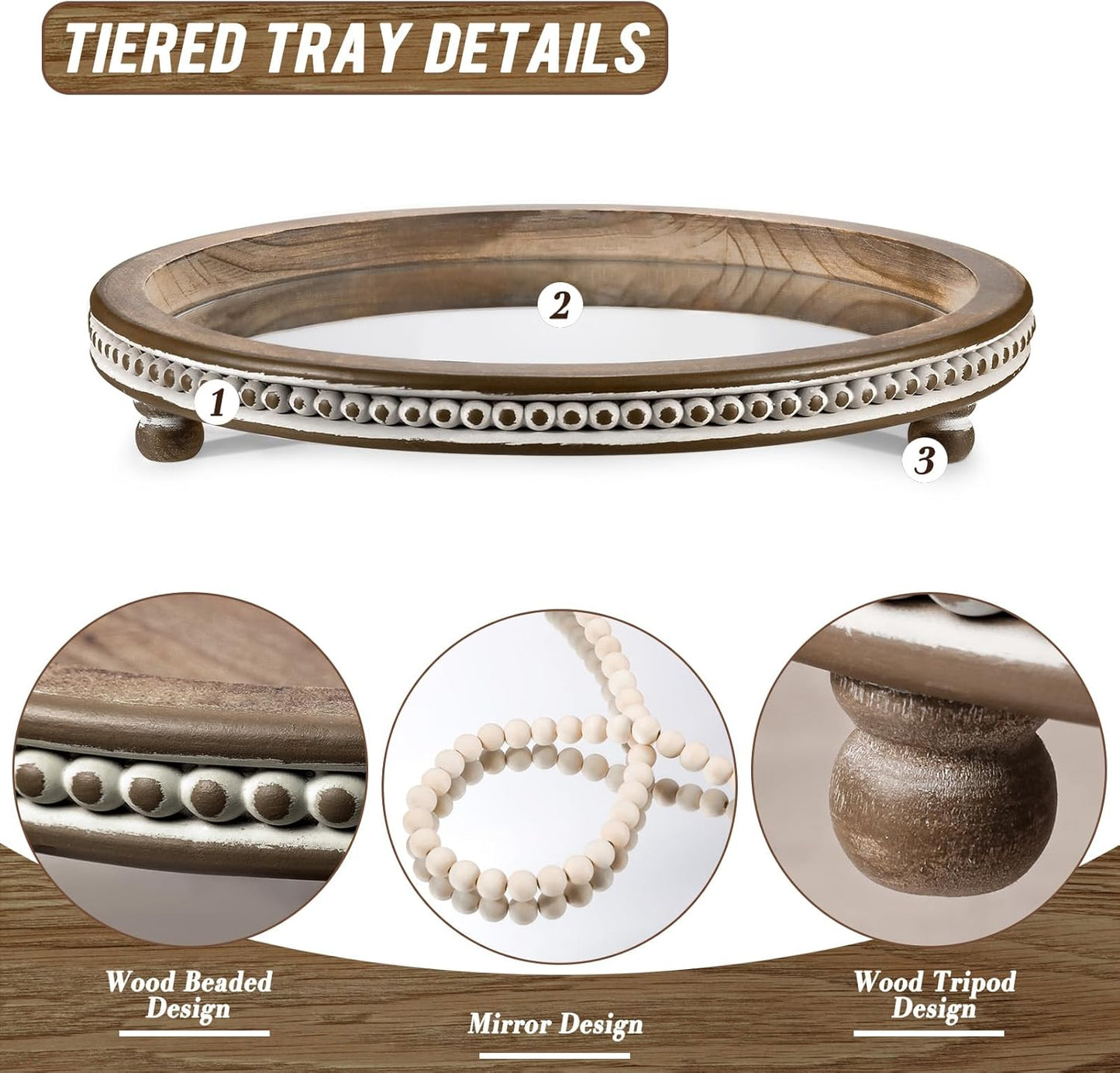 KULEDM Handmade Wooden Decorative Tray, Small Beaded Coffee Table Tray Decor, Sage Round Serving Tray for Coffee Table, Dining Room Table Entryway and Living Room Table