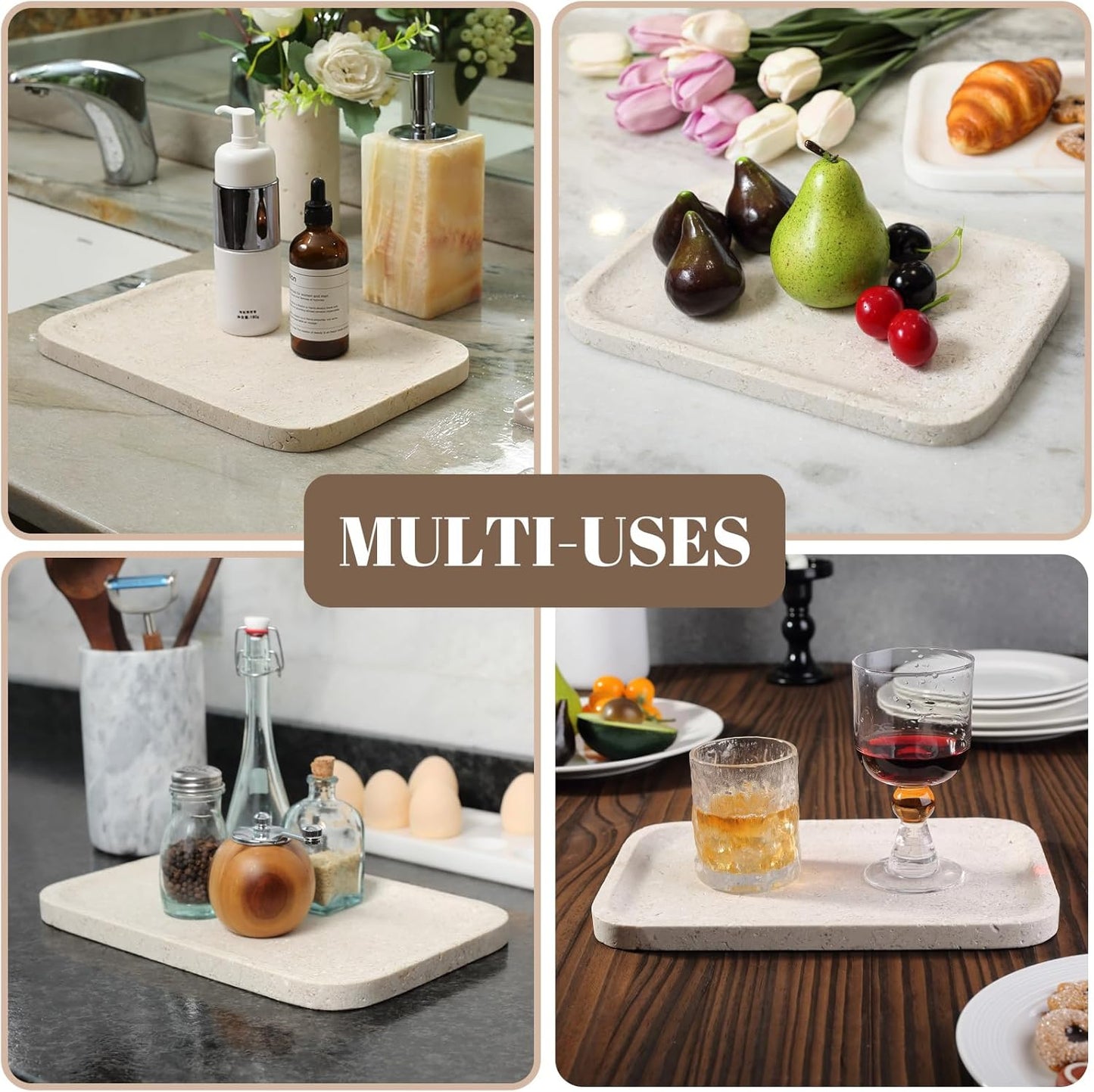 Koville Romano Travertine Tray, 12"x8" Natural Stone Vanity Tray for Countertop Bathroom Kitchen Dresser, Decorative Marble Catchall Trays for Perfume Jewelry, Rectangular Serving Tray(Beige)