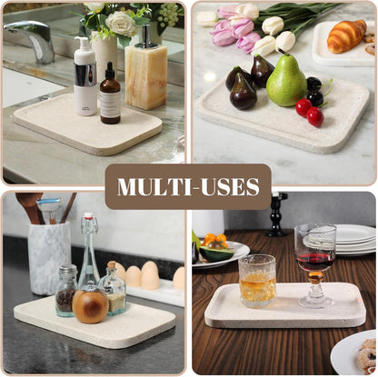Koville Romano Travertine Tray, 12"x8" Natural Stone Vanity Tray for Countertop Bathroom Kitchen Dresser, Decorative Marble Catchall Trays for Perfume Jewelry, Rectangular Serving Tray(Beige)