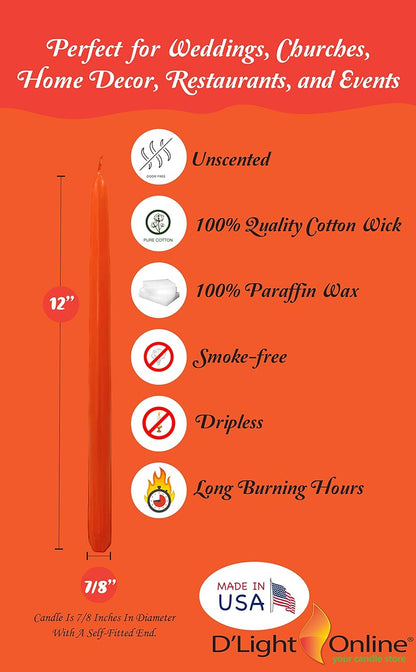 D'light Online White Taper Candles, 10 Inch Premium Quality Candles Hand-Dipped Tapered Candles, Dripless, Smokeless and Unwrapped Bulk Pack for Events - Set of 12 (10 Inch, White)