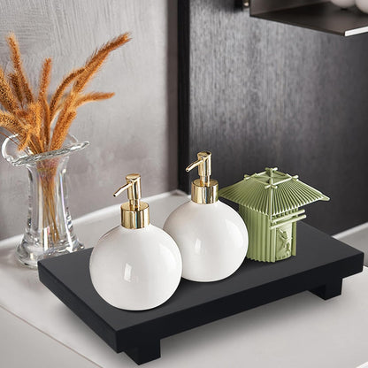 Black Bathroom Vanity Organizer Tray for Countertop Small Wooden Pedestal Stand Farmhouse Kitchen Sink Tray Decorative Hand Soap Dish Dispenser Holder Wood Risers Modern Bathroom Decor Accessories