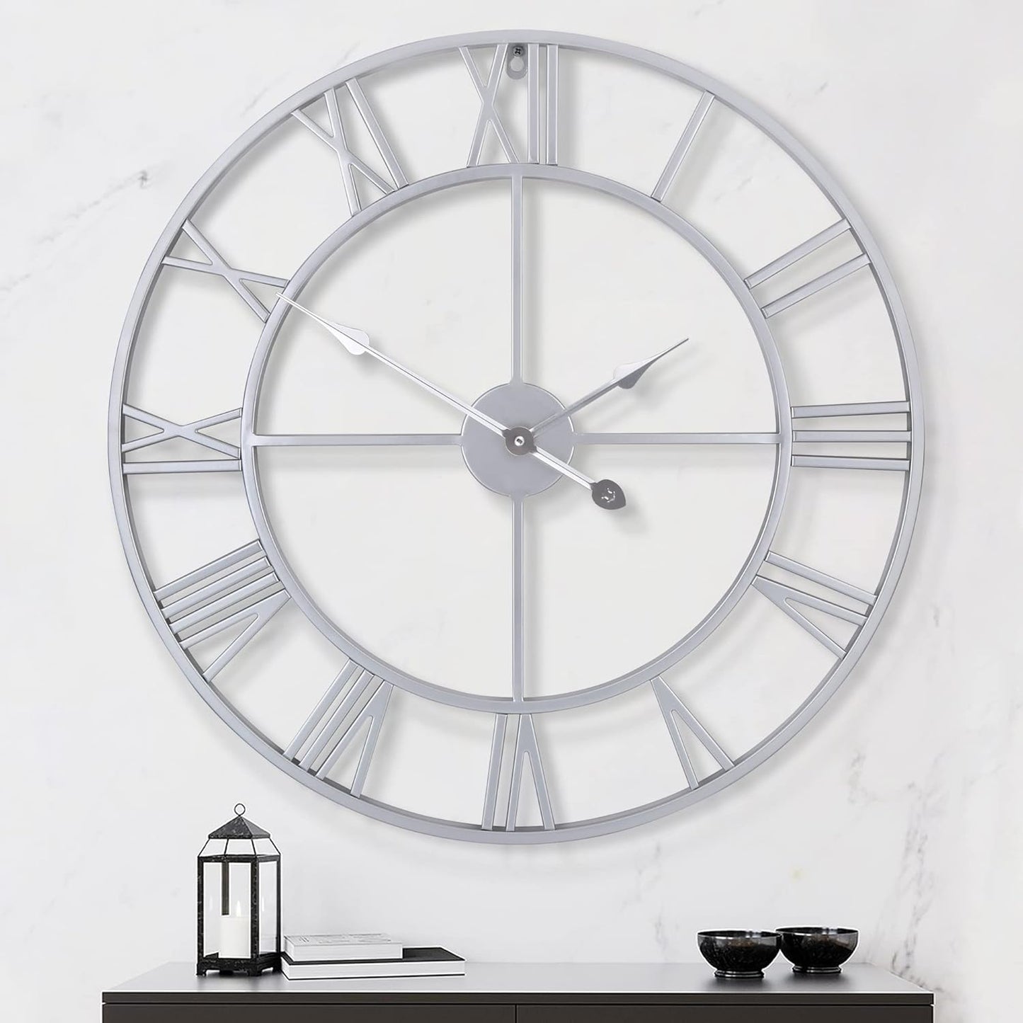 LEIKE 16" Large Wall Clocks Battery Operated, Round Modern Silent Non-Ticking Black Metal Wall Clock for Living Room Decor, Bedroom Kitchen (40cm Diameter, Black Roman Number)