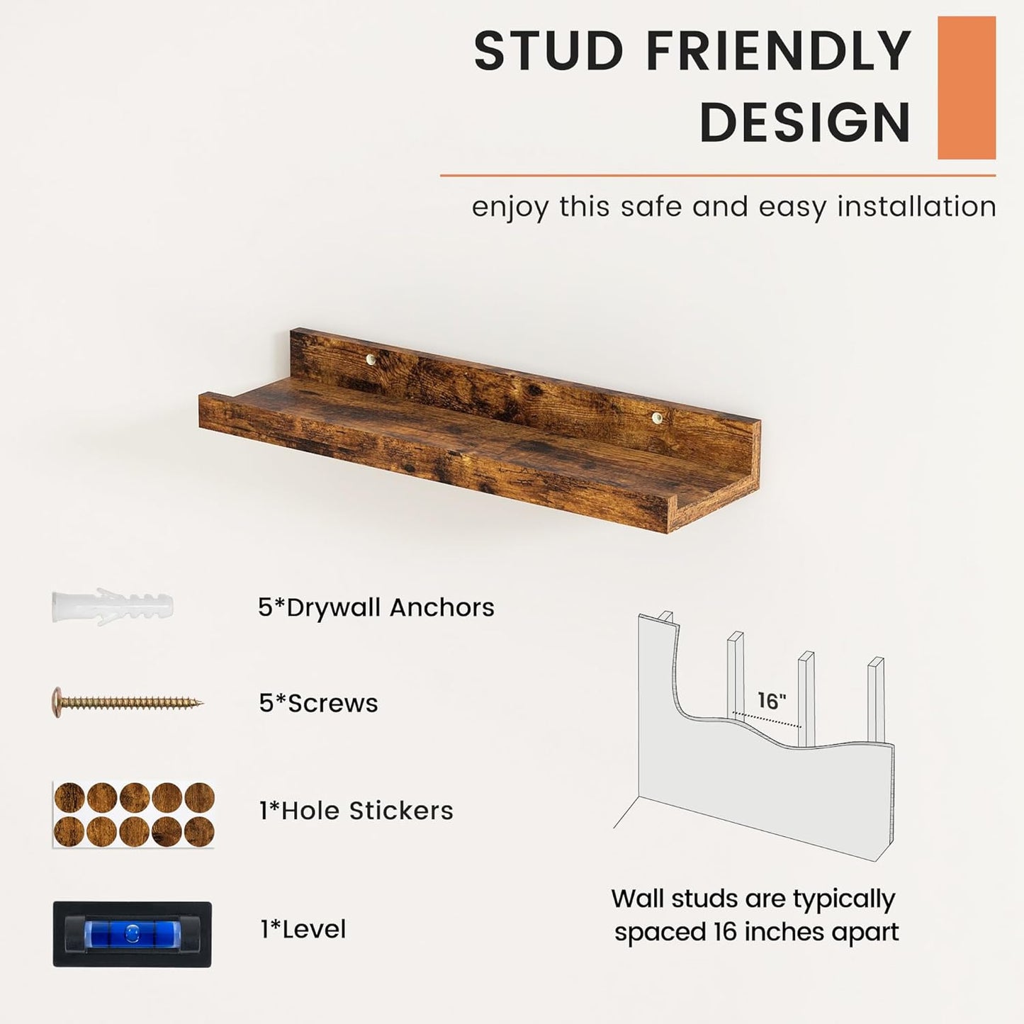 FLYJOE Picture Ledge Shelf, Floating Shelves Set of 2, 48 Inches Long Large Nursery Book Shelves for Toys Storage, Kids Bookshelf Wall Mounted for Living Room Bedroom Decor Books Photo Frames, Walnut