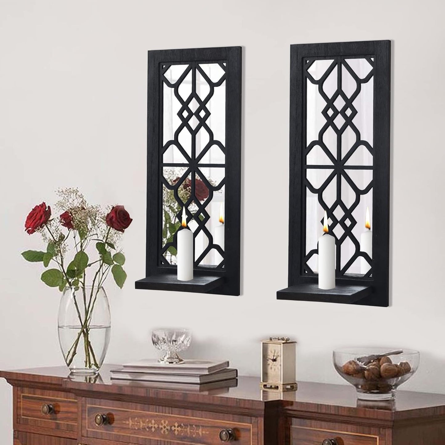 Wood Wall Sconce Candle Holder Set 2, Rustic Wall-Mount Candle Holders, Farmhouse Hanging Wall Décor, Carved Wood Frame, Mirrored Candle Holder (Distressed White)