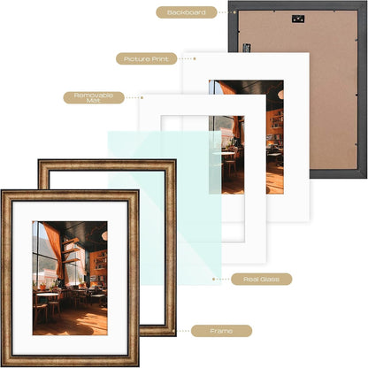 Golden State Art, 11x14 Photo Frame with Mat for Pictures 8x10 and Real Glass (Dark Gold Brown & Bronze Pewter Panel with White Color Mat, 1.25 Inch Frame Border)