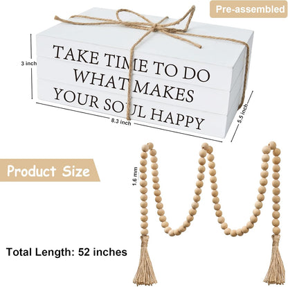 Decorative Books for Home Decor, White Faux Books for Decoration, Rustic Farmhouse Stacked Display Books with 52in Wood Bead Garland for Coffee Tables Living Room (TAKE TIME to DO)