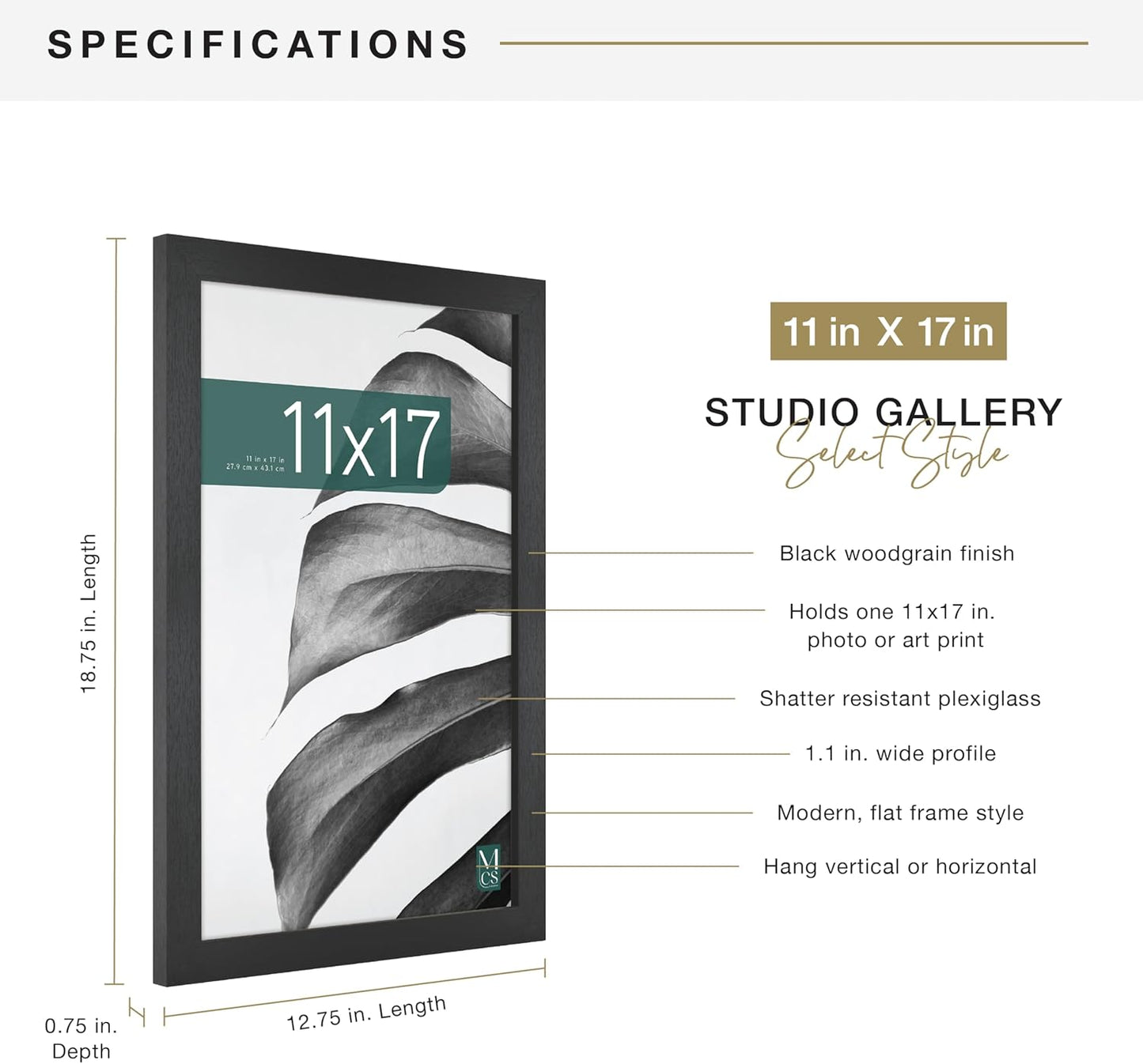 MCS Studio Gallery 16x24 Poster Frame Black Woodgrain Engineered Wood, Vertical & Horizontal Wall Hanging Large Picture Frame for Photos, Posters & Art Prints (1-Pack)