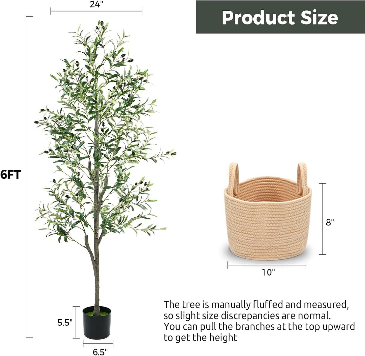 Olive Trees Artificial Indoor 6FT, Faux Olive Tree with Woven Basket & Natural-Looking Wood Trunk, Realistic Leaves & Fruits, Maintenance-Free Tall Fake Olive Tree for Modern Home Office Decor