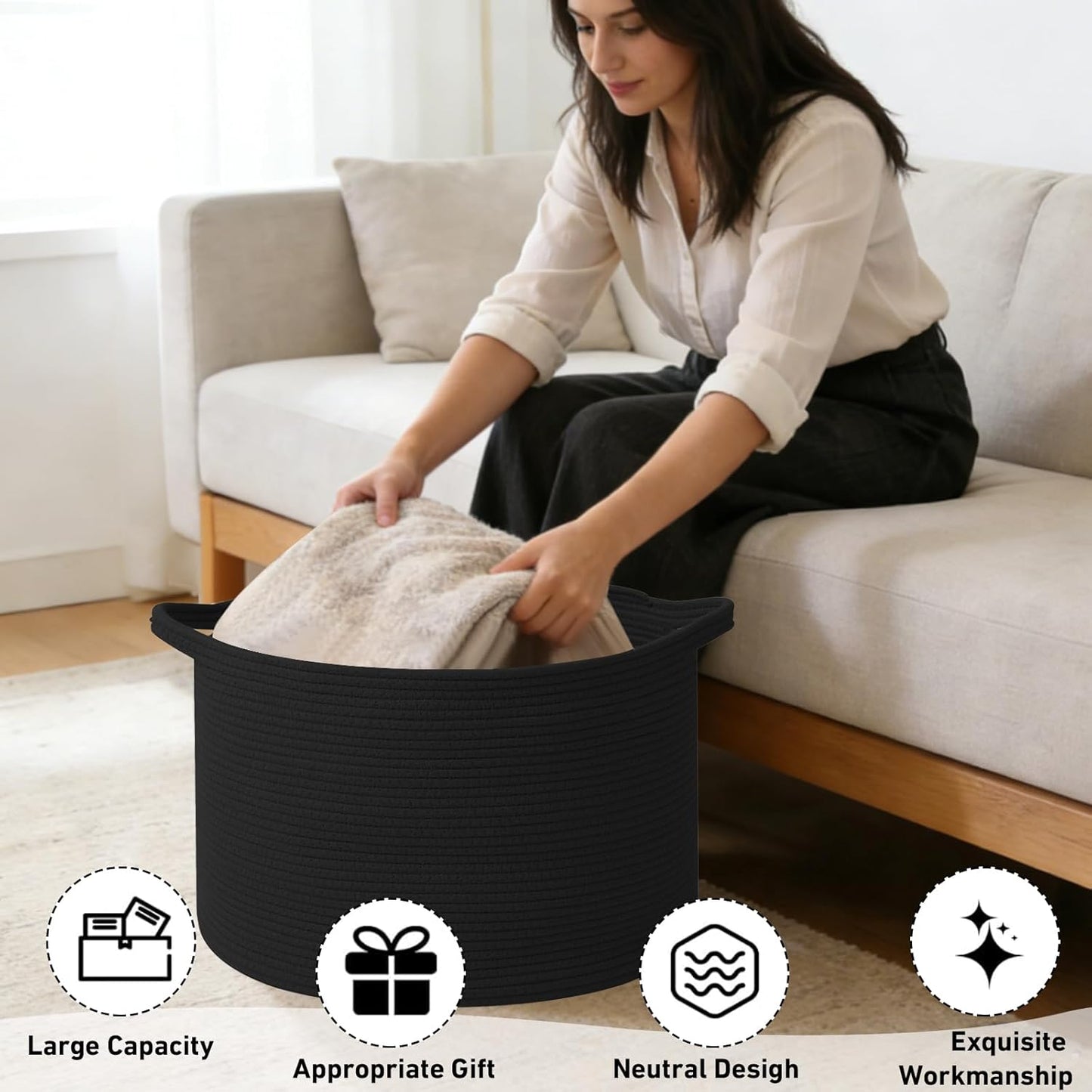 Large Woven Blanket Basket,65L Cotton Rope Laundry Basket Hamper with Handles, Decorative Nursery Basket Storage Bin for Toys, Clothes Organizer, Living Room, Bedroom, Bathroom, White & Brown