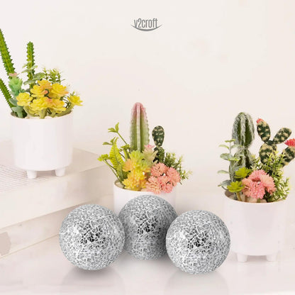 4in Decorative Mosaic Sphere Orbs Set of 3, Glass Balls for Whole Housewares,Wedding/Birthday,Bowls,Vases Dining Table Centerpieces(Silver,Black,Blue)