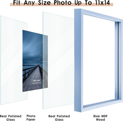 MUYE 11x14 Floating Frame Set of 2,Double Glass Rustic Frame,Display Any Size Photo up to 11x14,Wall Mount or Tabletop Standing,Natural
