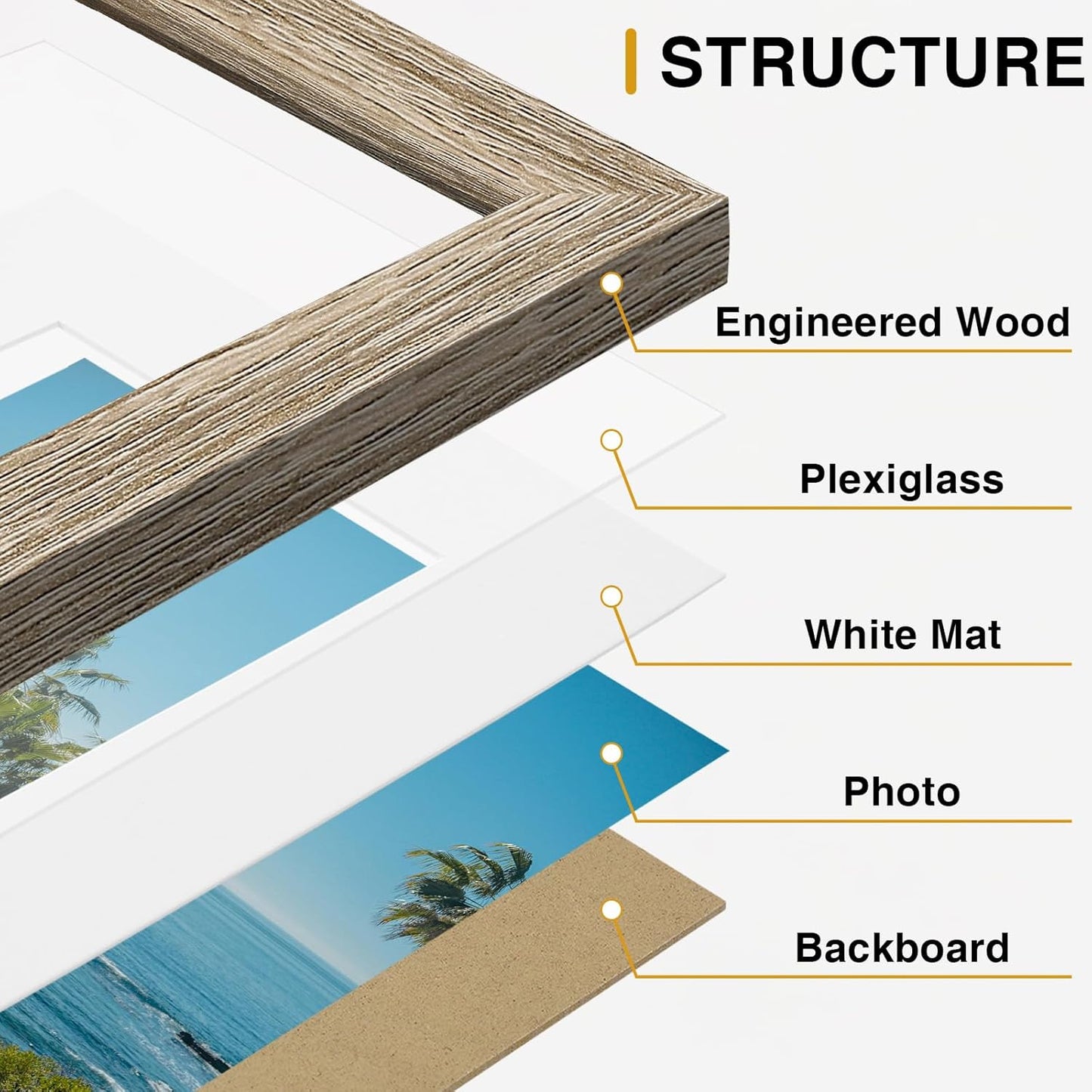 Vittanly 8x10 Picture Frames Set of 9, Shatter Resistant Plexiglass, Display 5x7 Pictures with Mat or 8x10 without Mat, Photo Frames for Wall or Tabletop, Engineered Wood, Black - Colors B