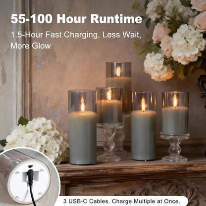 Rechargeable Flameless Glass Pillar Candles–Gifts for Women,–Set of 3, Realistic Flickering LED Light,Remote & Timer, Ideal for Living Room, Bedroom & Festival Wedding Home Party Decor