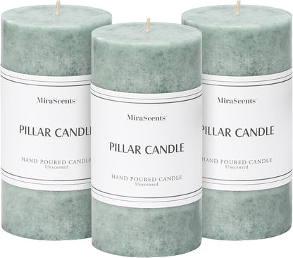 3x4 inch Green Pillar Candles Set of 3, Unscented Pillar Candle, Dripless and Smokeless Large Candles, Candle for Home Decor, Dinner Table,Weddings, Holidays