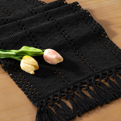 Socomi Boho Table Runner Summer Farmhouse Rustic Dining Kitchen Centerpiece Decor Small Macrame Woven Cotton Linen Coffee Table Runner for Dresser Scarf Home Decor 12x36 inch Beige