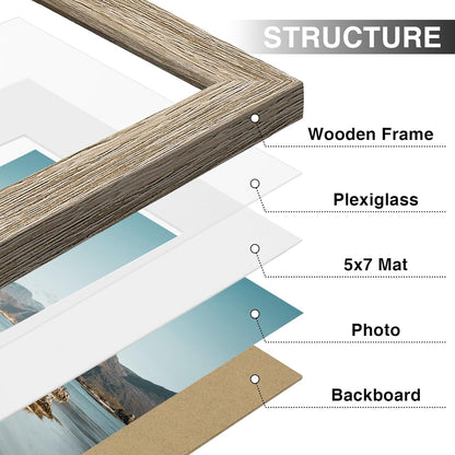 Vittanly 8x10 Picture Frames Set of 9, Shatter Resistant Plexiglass, Display 5x7 Pictures with Mat or 8x10 without Mat, Photo Frames for Wall or Tabletop, Engineered Wood, Black - Colors B