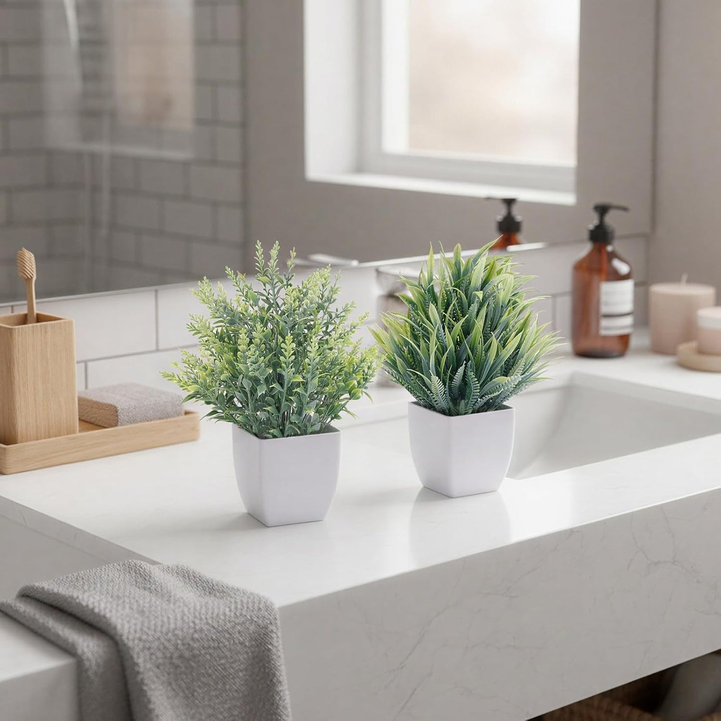 CEWOR Fake Plants 2 Pack Mini Potted Plants Bathroom Accessories Small Artificial Greenery Decorations for Bathroom Office Home Room Kitchen Table Indoor