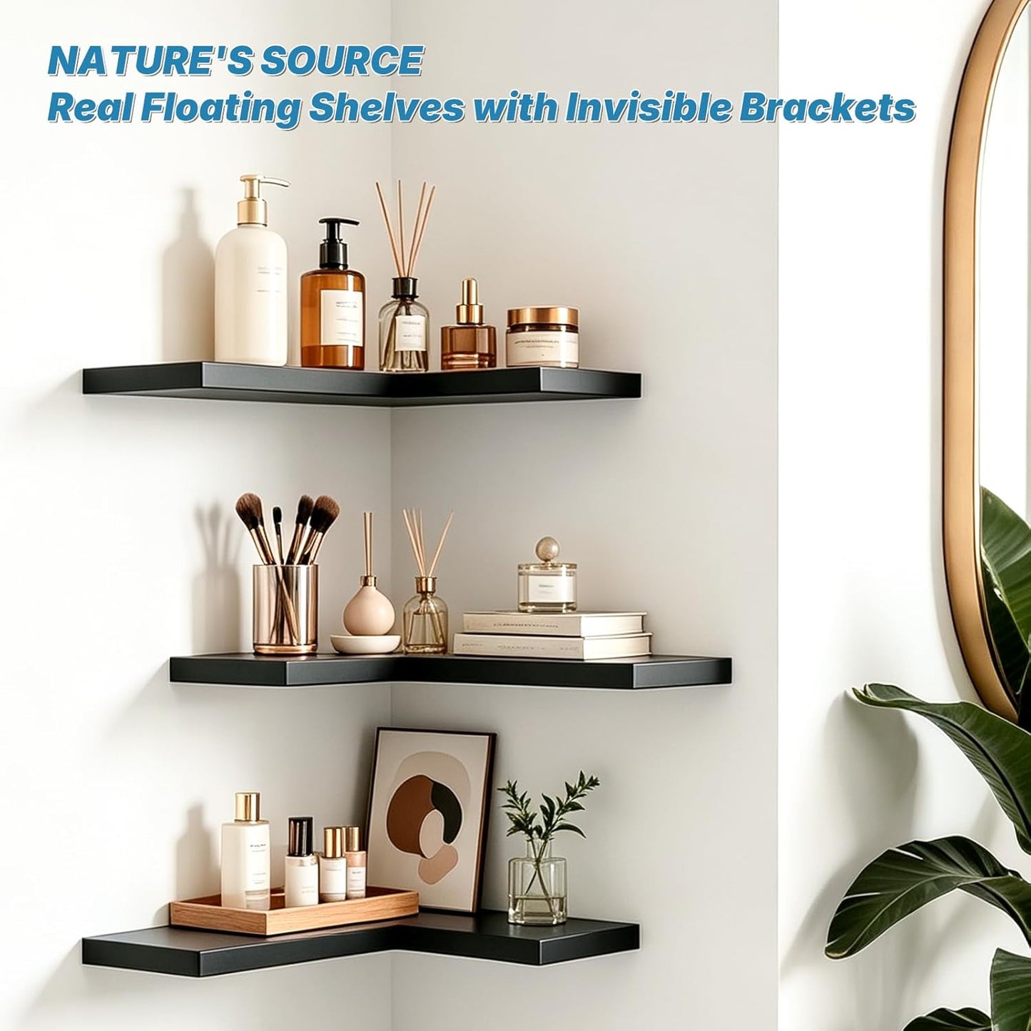 NATURE'S SOURCE Floating Corner Shelves with Invisible Brackets Set of 3, Corner Shelves Wall Mounted, for Home Bedroom Bathroom Kitchen Living Room Office- 16.1" x 11.5" (Pure White)