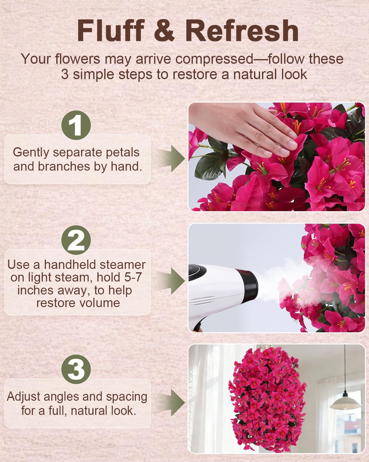 Artificial Flowers for Outdoors – 2 Bundles of UV-Resistant Artificial Bougainvillea, Realistic Silk Flowers for Front Porch, Patio, Garden, Window Boxes & Hanging Baskets (Hot Pink, 2)