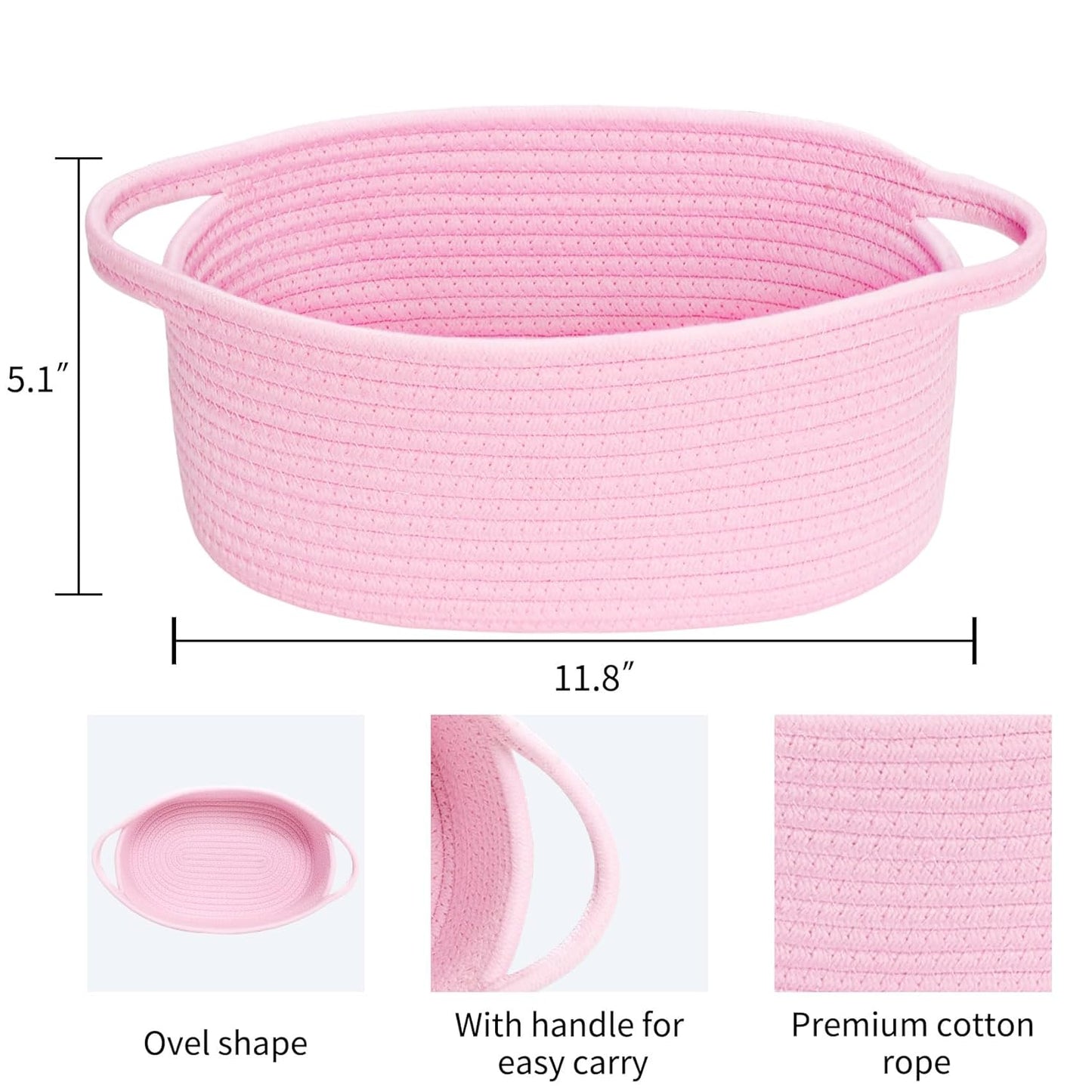 ABenkle Small Basket with Handles, Boho Decorative Rope Woven Dog Cat Toy Storage Bin Shelf Storage Organizer, Easter Christmas Gift Basket, 12"x8"x5", White