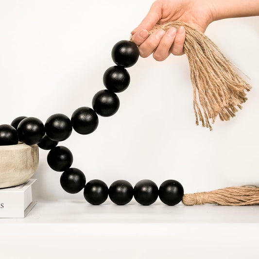 Extra Large Wood Bead Garland with 1.4" Diameter Wood Beads, Wooden Beads Garland with Tassels, Decorative Beads Home Decor, Farmhouse Beads Decor (Natural, 50 Inches)