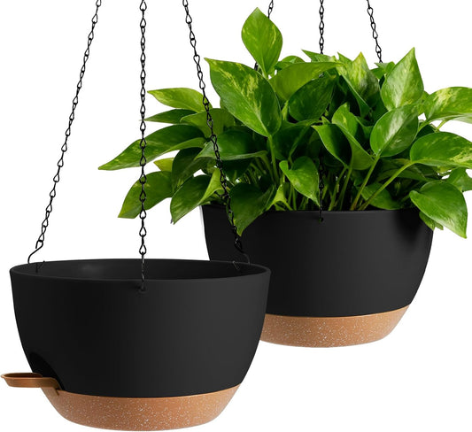 3-Piece Set of 10-Inch Hanging Planters with Automatic Watering System and Drip Tray, Includes Metal Chain, Suitable for Various Indoor and Outdoor Plants and Flowers, Green Brown