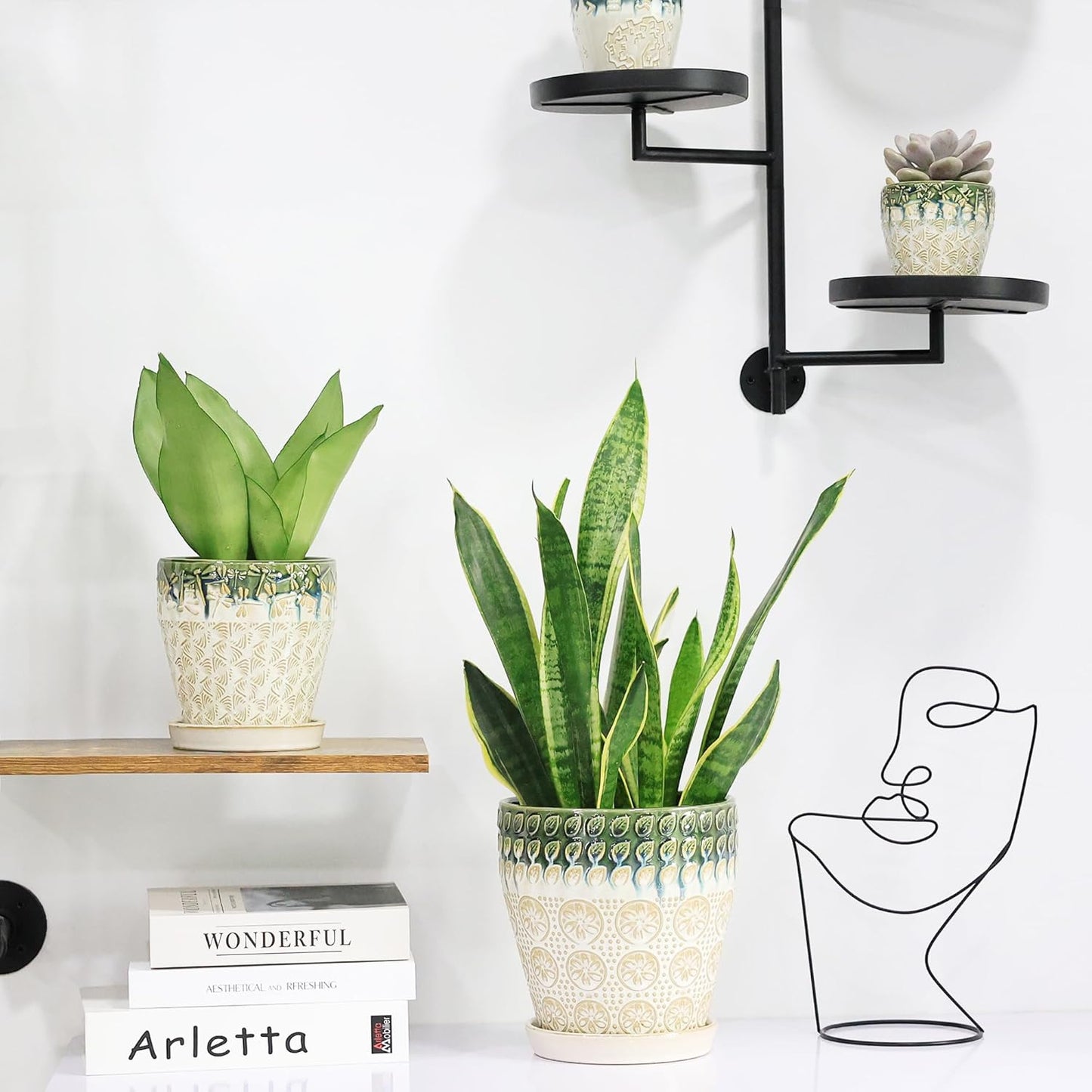 6 Inch Ceramic Planter Pots with Drainage Holes, Saucers and Mesh Pads for Indoor-Outdoor Plants, Succulent Orchid Flower Large Round Plant Pot, Set of 2 (Green+White)