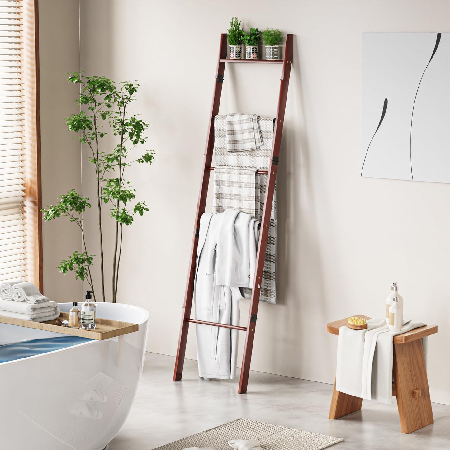 BAMBANG 6-Tier Blanket Ladder for Living Room, Blanket Quilt Ladder Rack Rustic Decorative Towel Holder, Wall Leaning Blanket Ladder Shelf Storage Farmhouse Decor for Bedroom Bathroom, Black