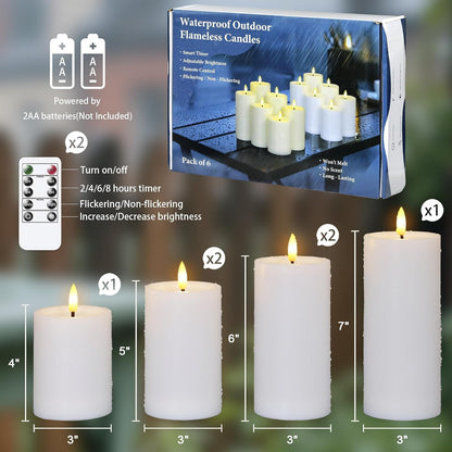 Yeelida Outdoor 4pcs Flameless Waterproof Candles with Handy Remote Control, Cycle Timer Battery Operated Candle Grease Effect LED Flickering Pillar Plastic Long Lasting (Ivory, 3" x4" 5" 6" 7")