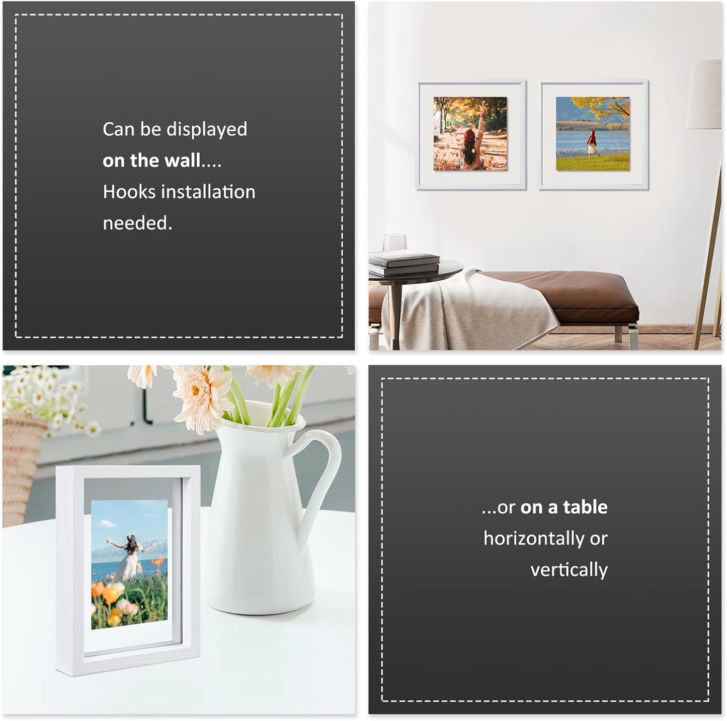 MUYE 11x14 Floating Frame Set of 2,Double Glass Rustic Frame,Display Any Size Photo up to 11x14,Wall Mount or Tabletop Standing,Natural
