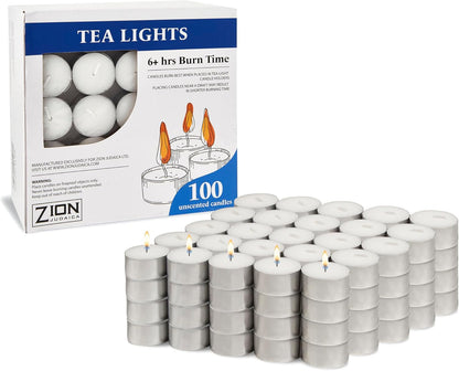 Zion Judaica Premium Unscented Tealight Candles Set Smokeless Multi-Pack Tea Candles Dripless Clean Burning Tea Lights Long Lasting Candlelight for Home Décor Religious Ceremonies (4 Hour, 100, Count)