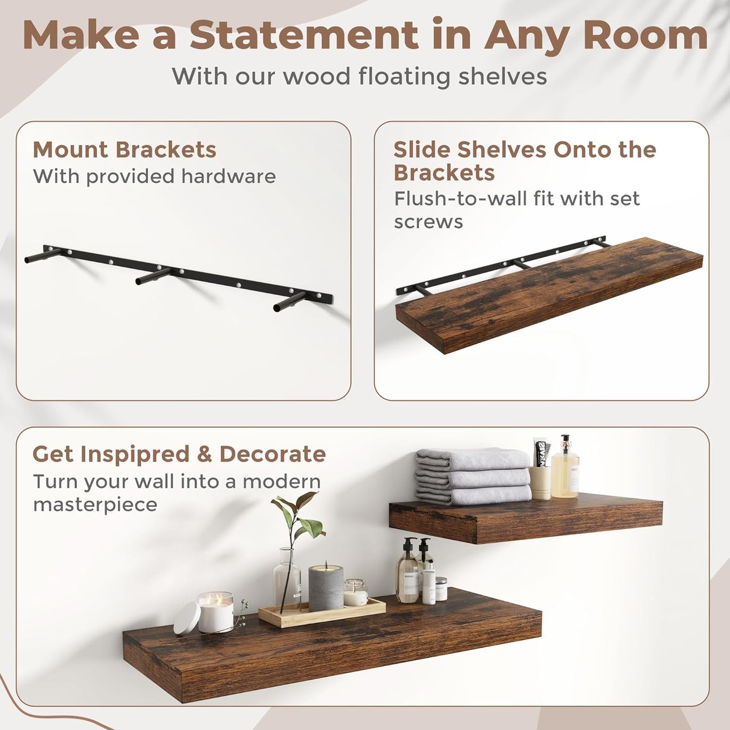 72 Inch Long Floating Shelves for Wall Set of 2, 12"D Wood Grain Bathroom Shelves with Invisible Brackets, Easy Install Engineered Wood Storage Shelves for Kitchen, Living Room, Bedroom, Black Finish