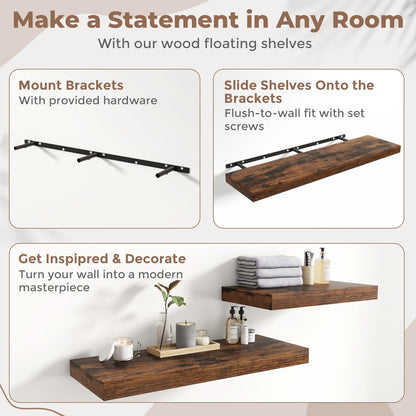 72 Inch Long Floating Shelves for Wall Set of 2, 12"D Wood Grain Bathroom Shelves with Invisible Brackets, Easy Install Engineered Wood Storage Shelves for Kitchen, Living Room, Bedroom, Black Finish