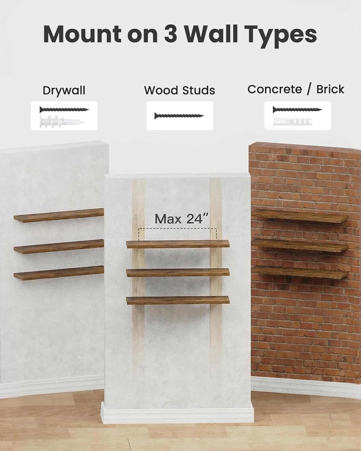 AMADA HOMEFURNISHING Floating Shelves, Wall Shelves for Bathroom/Living Room/Bedroom/Kitchen Decor, White Shelves with Invisible Brackets Set of 3 - AMFS08