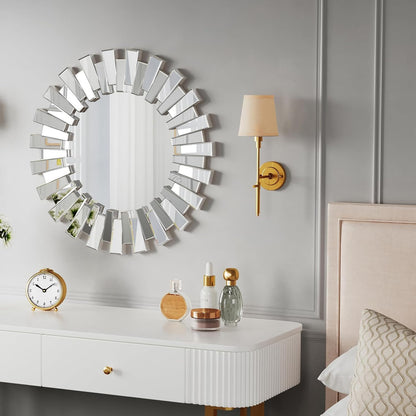 Gold Sunburst Mirror, 26" Sun Mirror Wall Decor with Beveled Glass Frame, Starburst Mirrors for Entryway, Dining Room, Living Room