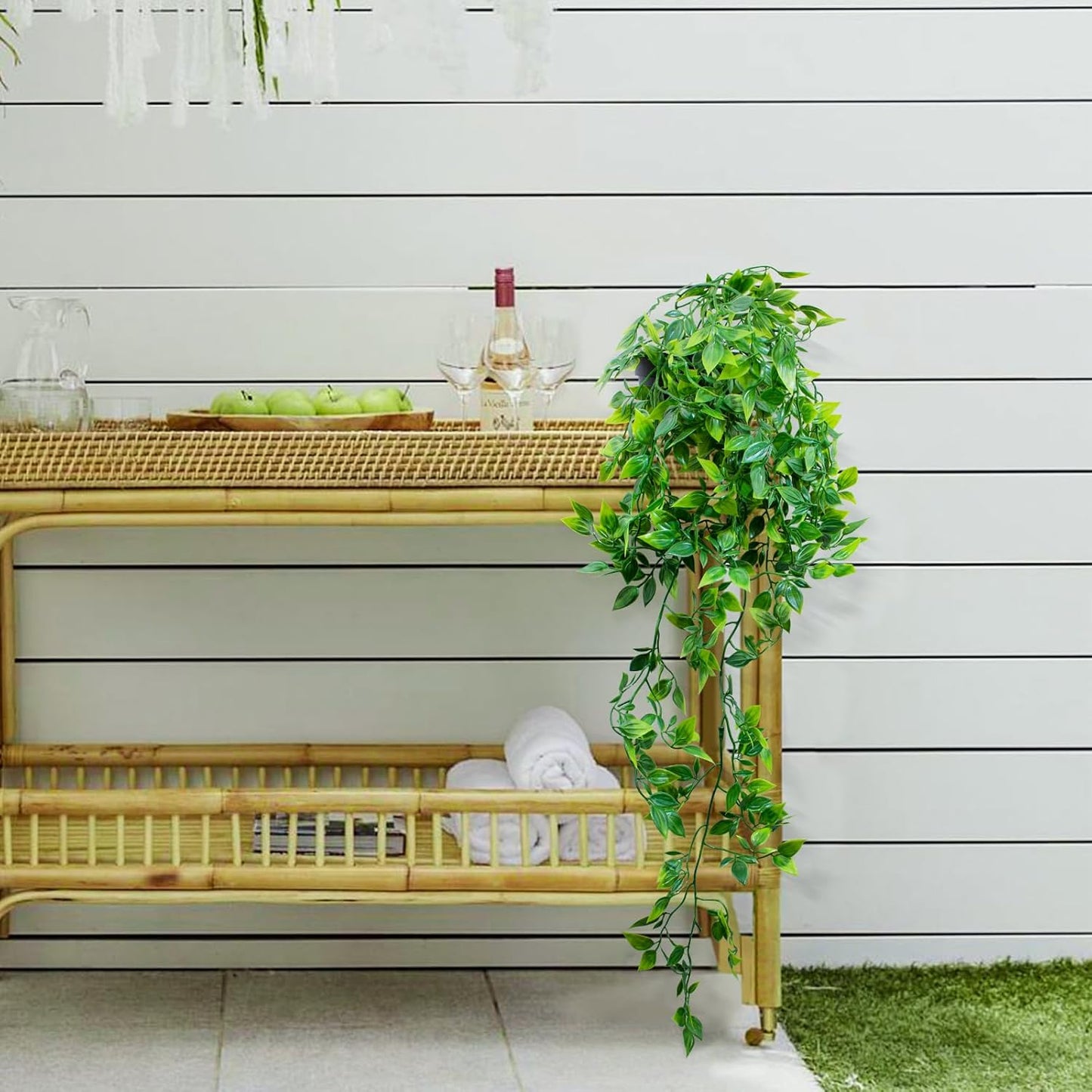 LOYWREE Fake Plants Indoor Artificial String of Pearls Plant in Black Pots, Realistic Green Faux Succulent Hanging Plants for Shelf Decor Desk Home Garden Decorations