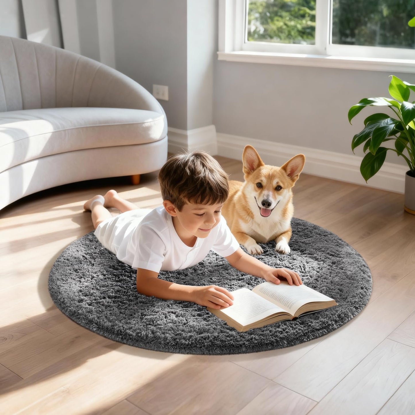 Ophanie Round Rugs 5Ft Ivory Circle Area Rug, Nursery Room Decor, Christmas Aesthetic Bedroom Home Circular Carpet 5 Foot, Fluffy Fuzzy Shag Plush Cream Living Room Rugs for Kids Boys Girls Teen Baby