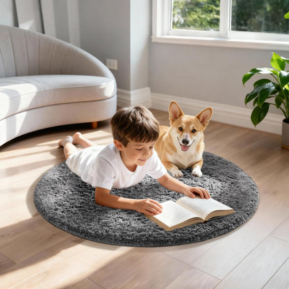 Ophanie Round Rugs 5Ft Ivory Circle Area Rug, Nursery Room Decor, Christmas Aesthetic Bedroom Home Circular Carpet 5 Foot, Fluffy Fuzzy Shag Plush Cream Living Room Rugs for Kids Boys Girls Teen Baby