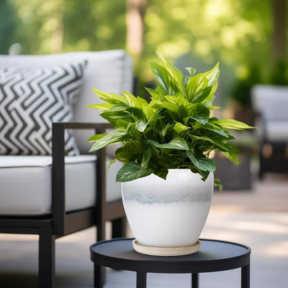 10 Inch Ceramic Planter Pot Round Plant Pot for Indoor Plants Outdoor Large Flower Pot with Drainage Hole and Saucer Blue
