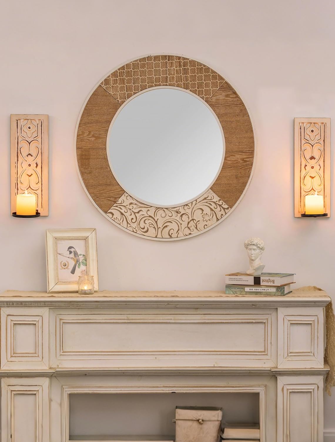 Farmhouse Wood Candle Sconces Wall Decor - Set of 2 Walasis Rustic Wall Candle Holder Decorative Carved Brown Candle Sconce Farmhouse Art Distressed Pillar Candles Holder for Fireplace Decor
