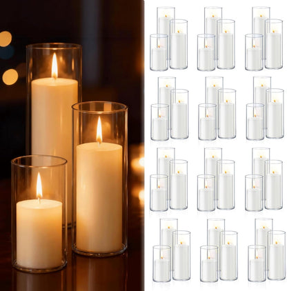 36 PCS Ivory White Pillar Candles with Glass Candle Holders Clear Hurricane Candle Holders Glass Cylinder Vases for Centerpieces Wedding Party, Event, Home Office (18 Candles+18 Candle Hoders)