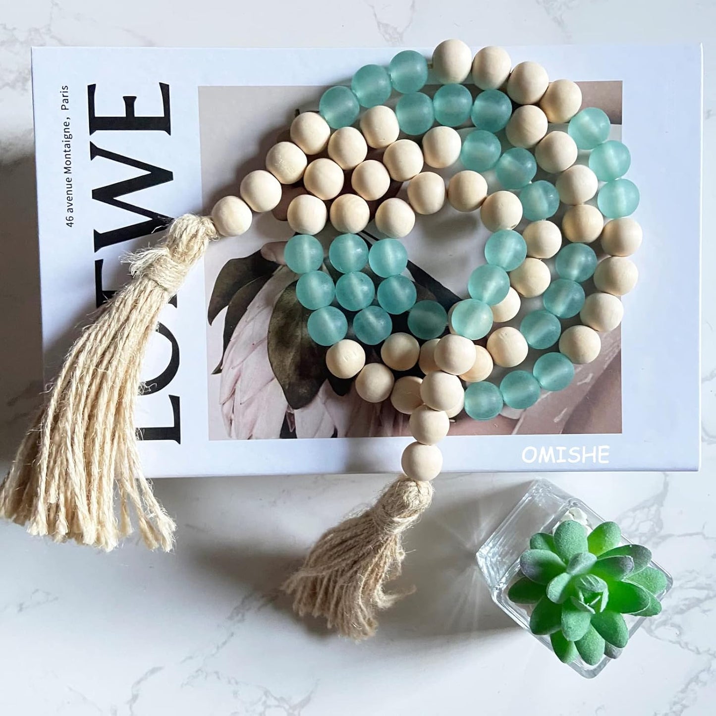 OMISHE Wood Bead Garland with Tassels 61 Inches, Boho Decorative Beads, Farmhouse Beads Garland for Home Tiered Tray Decor, Beige Gray