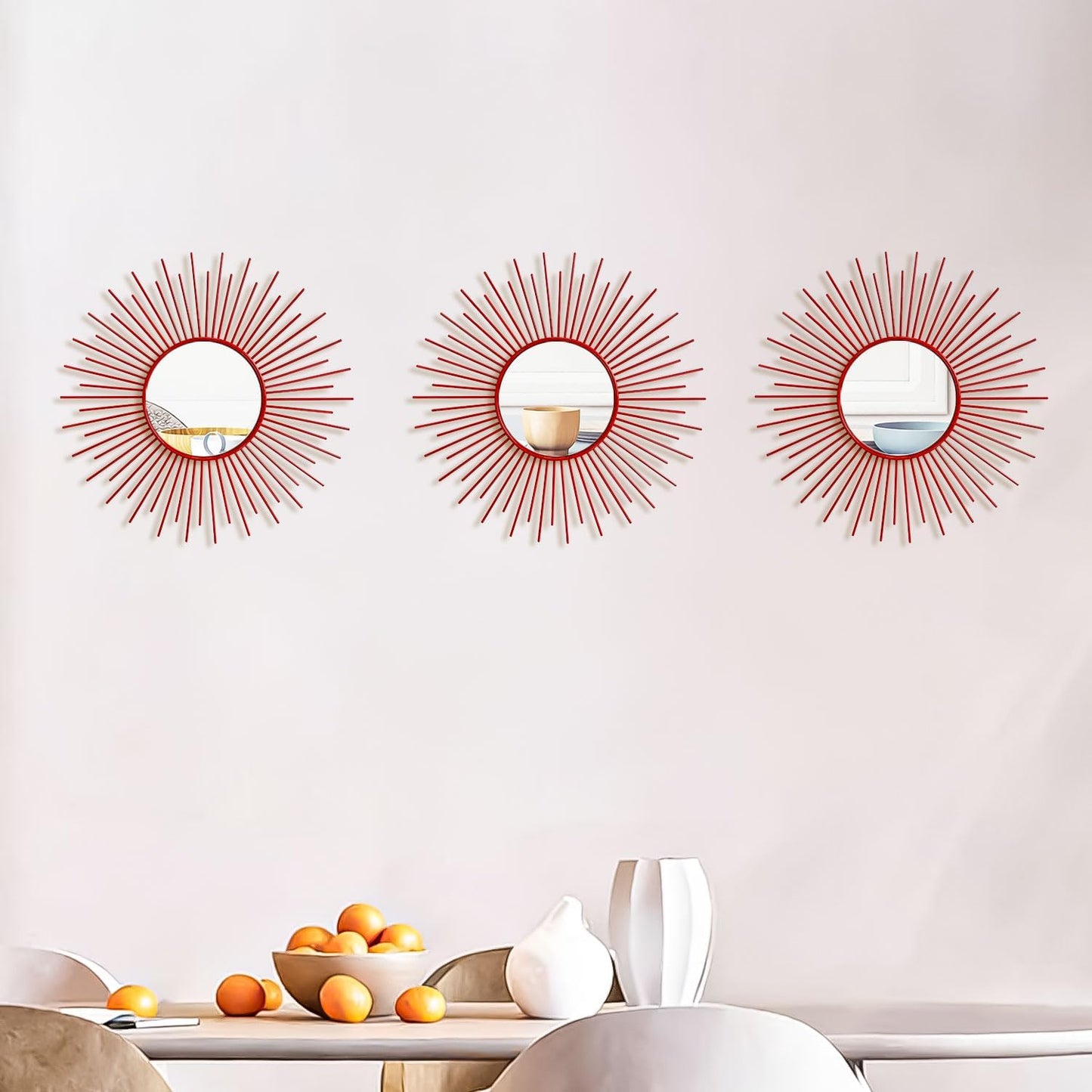 3 Pack Metal Mirrors for Wall Sunburst Wall Mirrors Home Décor Decorative Hanging Wall Art for Living Room Bedroom Entryway (Gold, Flower+Sunburst)