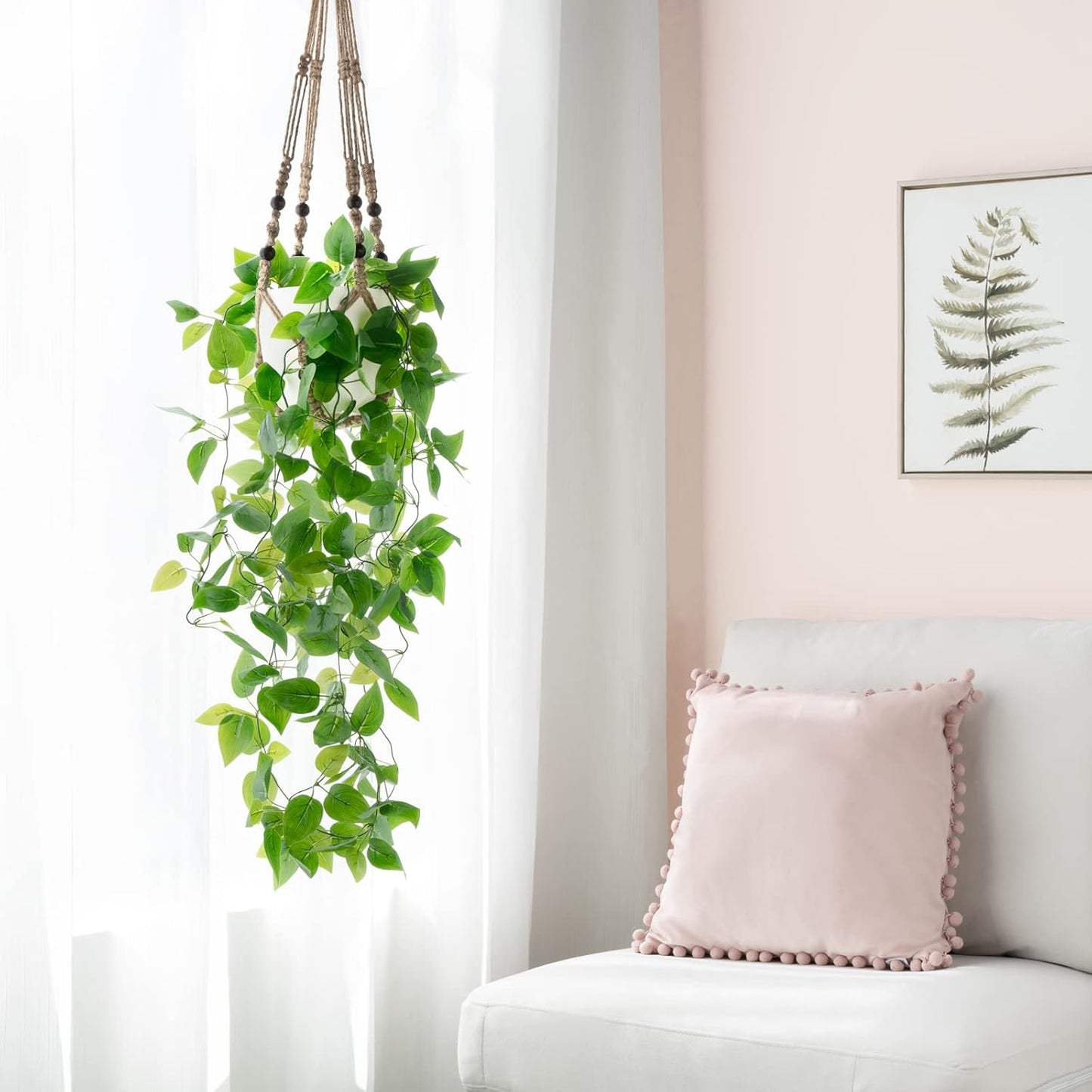 Mkono Fake Hanging Plant with Pot, Artificial Plants for Home Decor Indoor Macrame Plant Hanger with Fake Vines Greenery for Bedroom Bathroom Kitchen Office Decor, Ivory (Pothos)