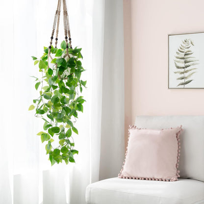 Mkono Fake Hanging Plant with Pot, Artificial Plants for Home Decor Indoor Macrame Plant Hanger with Fake Vines Greenery for Bedroom Bathroom Kitchen Office Decor, Ivory (Pothos)